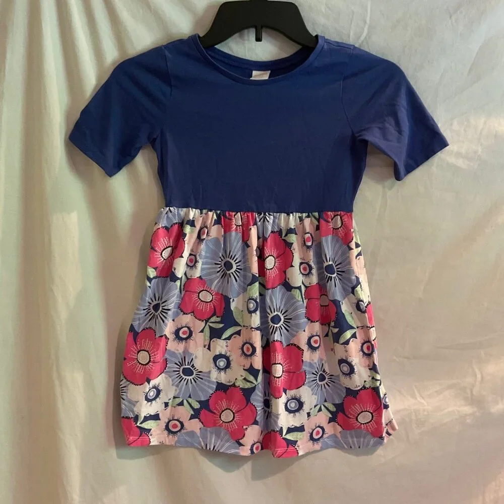 Gymboree Girls Size Small 5-6 Blue Solid Top Floral Bottom Short Sleeve Dress